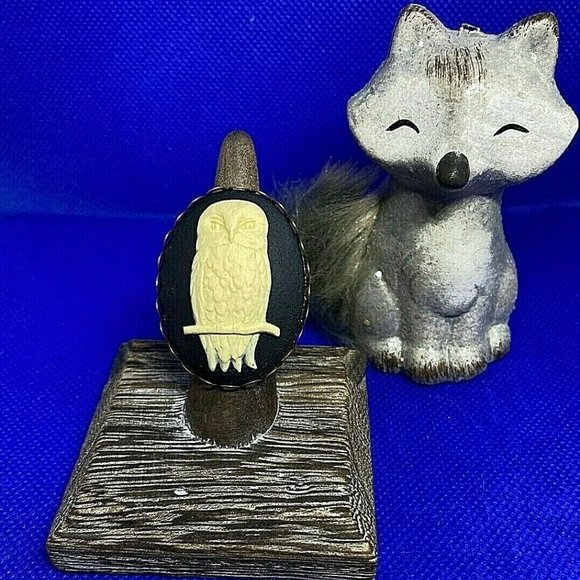 Fall Owl White Black Cameo Brass Adjustable Ring Birds - Picture 4 of 8